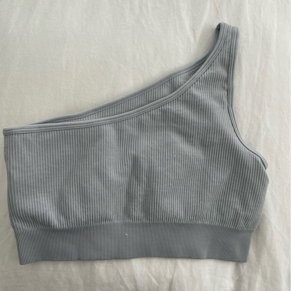 Gray Ribbed One-Shoulder Top Sports Bra with Removable Padding Size M
